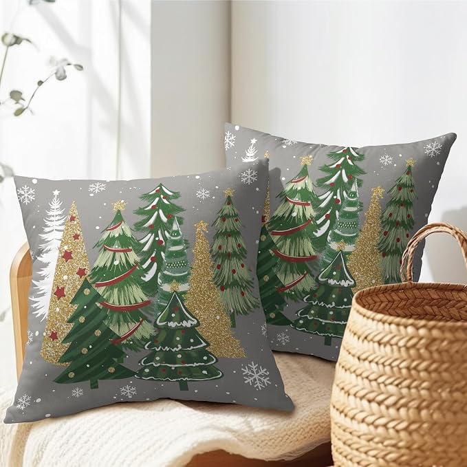 Kawani Christmas Grey Throw Pillow Covers 22x22 Inches, Set of 2 Gold Green Xmas Trees Snow Square Pillowcase Cotton Linen Cushion Cover for Couch Chair Sofa Bed Living Room Decor