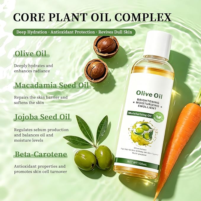 Antioxidant Face & Body Oil with Olive, Jojoba, and Macadamia Oils - Hydrating Dry Oil Blend with Squalane and Sunflower Seed Oil, Natural Vitamin-Rich Moisturizer for All Skin Types, 3.38 fl oz