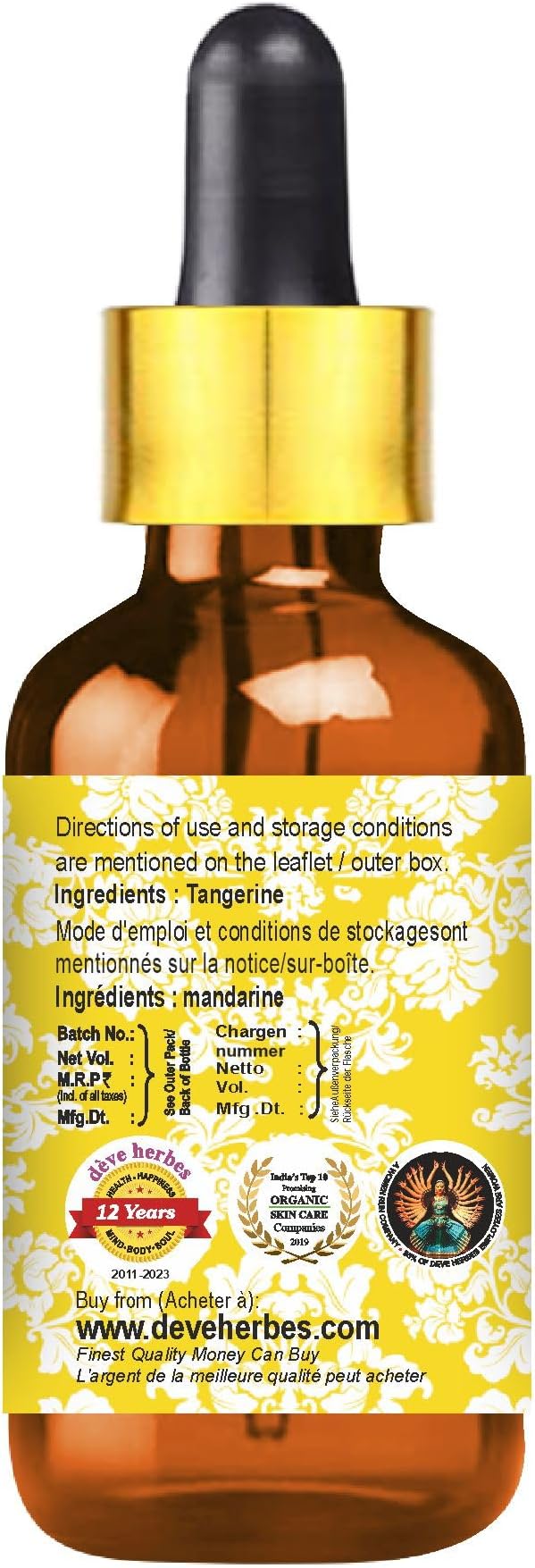 dève herbes Pure Tangerine Essential Oil (Citrus reticulata) with Glass Dropper Steam Distilled 15ml (0.50 oz)