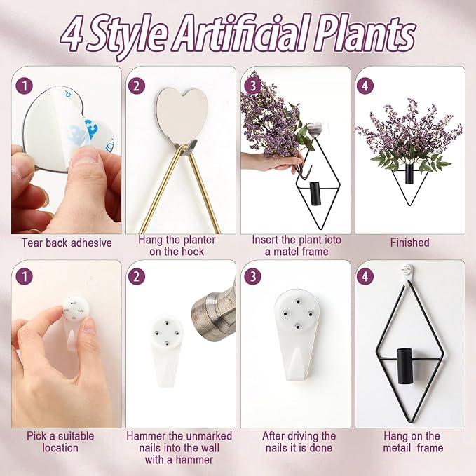 Hanaive 4 Sets Boho Wall Decor Metal Wall Art Hanging Planters with Artificial Pampas Display Modern Home Vase for Bedroom Home Office(Elegant,Light Purple)