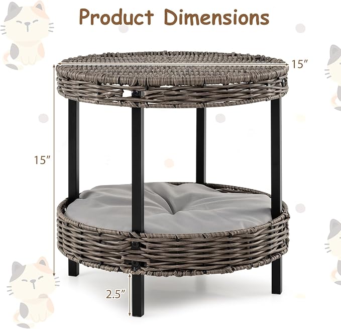 Tangkula 2-Tier Rattan Cat Nest, Wicker Kitten Condo with Removable Padded Cushion, Raised Cat Bed for Small Animals, Indoor & Outdoor Elevated Pet Shelter for Home, Deck, Balcony