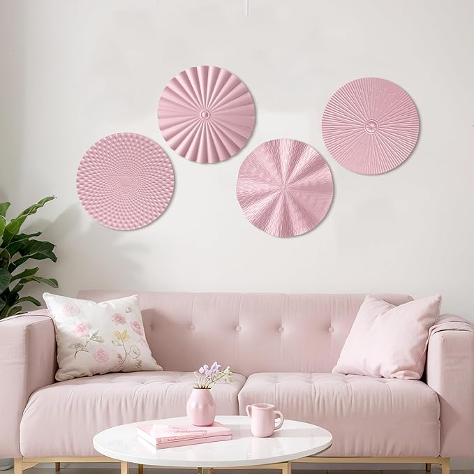 Hicarer 4 Pcs 12 Inch Pink Metal Wall Art Decor Modern Sunburst Hanging Artwork Decor Wall Decorations for Home Bedroom Bathroom Living Room Office Sculpture