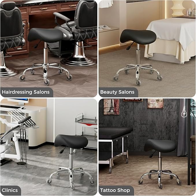 BEWISHOME Ergonomic Rolling Saddle Stool, Height-Adjustable Rolling Swivel Saddle Stool Chair with Thickened Saddle Seat Padding, for Salons, Spas, Office, Black BMD02B