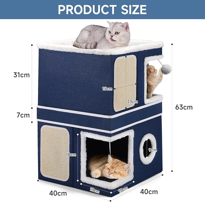 Shikha 2 Story Cat House beds for Indoor Cats with Scratch Pads Blue | 2 in 1 Dual Use Double Cat Bed Cave for Multiple Pets Kitten, Elevated Perch for a Wide View, All Season Reversible Cushion