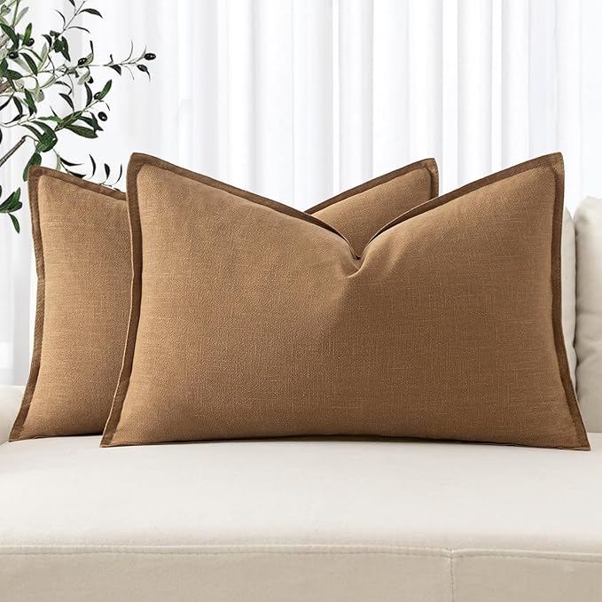 MIULEE Decorative Linen Lumbar Pillow Covers 12x20 Inch Brown | Boho Farmhouse Fall Autumn Couch Throw Pillows for Bed, Pack of 2 Accent Modern Pillowcases, Sofa Livingroom Home Decor