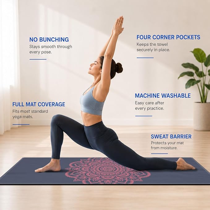 Yoga Mat Towel, Hot Yoga Non Slip with 4 Corner Pockets, 70 x 26 in | Soft Absorbent Microfiber With Four Corner Pockets, Fits Over Yoga Mats For Hot Yoga, Pilates, Gym, And Travel