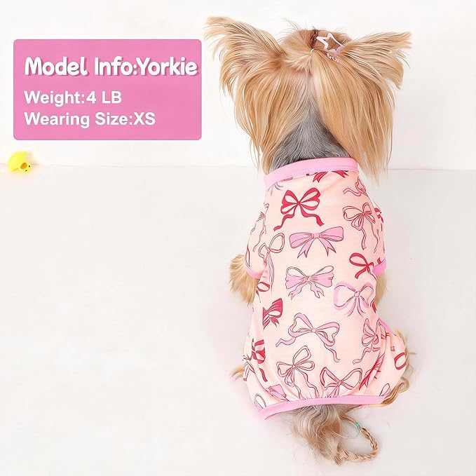 DaFuEn Dog Pajamas for Small Dogs, Soft Stretchy 4 Legs Puppy Jumpsuit, All Season Cozy Pet PJs for Chihuahua Yorkie Teacup Dogs, Cat Clothes (Pink Bow, S)