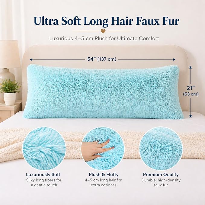REAFORT Long Hair Faux Fur Body Pillow Cover 21"x54", Hidden Zipper (Aqua) | Ultra-soft long hair faux fur with a hidden zipper offers luxurious comfort and is machine washable for easy care.