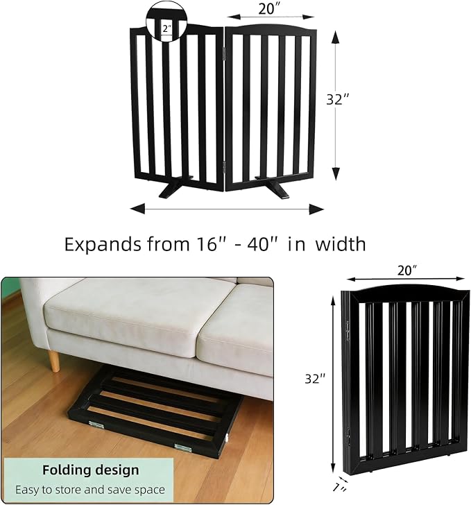 ZJSF Foldable Freestanding Indoor Dog Gate for House Wood Long Pet Gates Dog Fence for Stairs Puppy Gates for Hallways, Puppy Gate,Support Feet Included, Black, 32 "Height-2 Panels