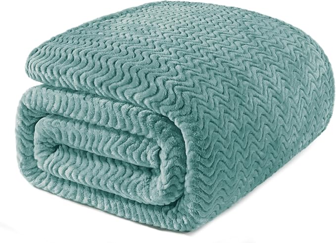 Exclusivo Mezcla Soft Fleece Blanket King Size for Bed, Sofa, Celadon | 90"x104" Breathable Lightweight Flannel Blanket for Summer, Plush Cozy Jacquard Wave for Home Decor