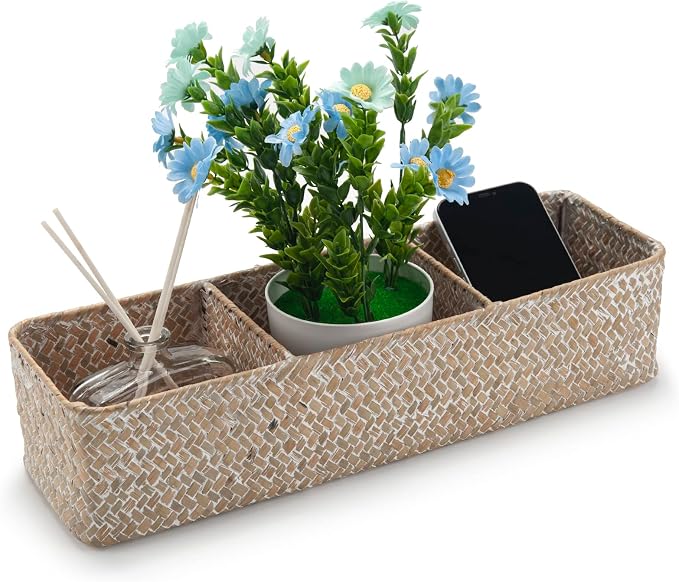 Seagrass Storage Basket 3 Sections Woven Shelf Baskets with Compartment (Whitewash, 14.6inch x 4.7inch x 3.1inch)