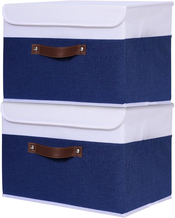 ANMINY Fabric Storage Box Bins with Lids, Blue White, 13"x9"x7.9", 2 Pack | Keepsake Memory Storage, Cotton Linen, PP Board Reinforced, Washable, PU Handles, Foldable & Stackable, Decorative, Medium