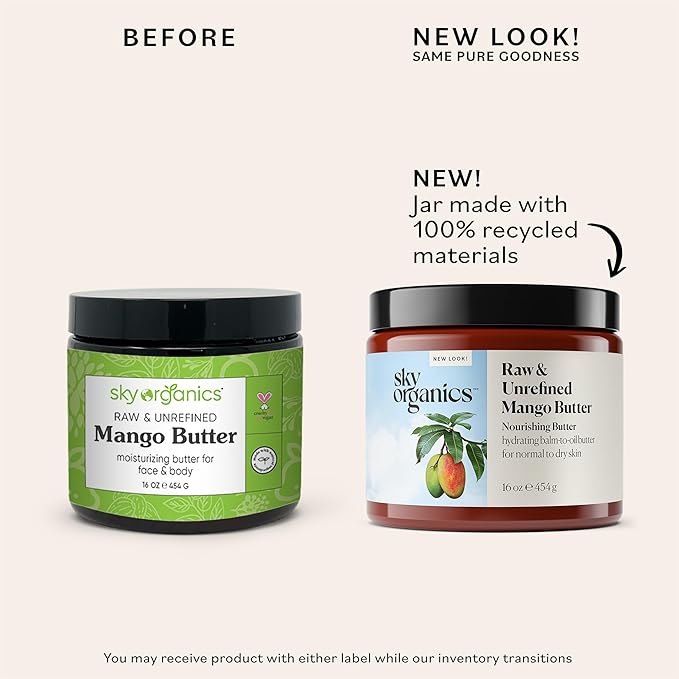 Sky Organics Mango Butter for Body & Face, 100% Raw and Unrefined Nourishing Butter for Light, Daily Hydration and Promotes Soft, Smooth, Heathy-Looking Skin, Suitable for Normal to Dry Skin, 16 Oz