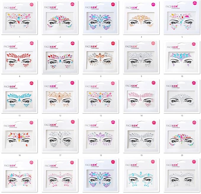 FACEGEM LONDON Face Gems Adhesive Glitter Jewel Tattoo Sticker Festival Gems Rave Party Body Make Up (21 PCS FACE GEMS)