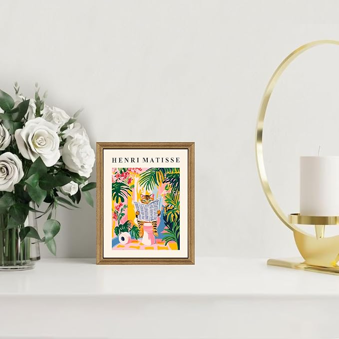 ICHZUMW Framed Funny Tabby Cat Matisse Canvas Bathroom Wall Art, 8x10 In | Humorous Cat Reading on Toilet, Girly Pink Dopamine Bathroom Wall Decor, Restroom Powder Room, Fade Resistant, Ready to Hang
