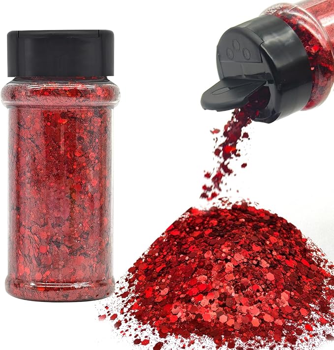 Red - Craft Glitter - 2oz Glitter Shaker Bright Colorful Holographic Mix Chunky Body Glitter Bulk Wholesale 24 Colors in Shaker Cosmetic Glitter - EBLB300