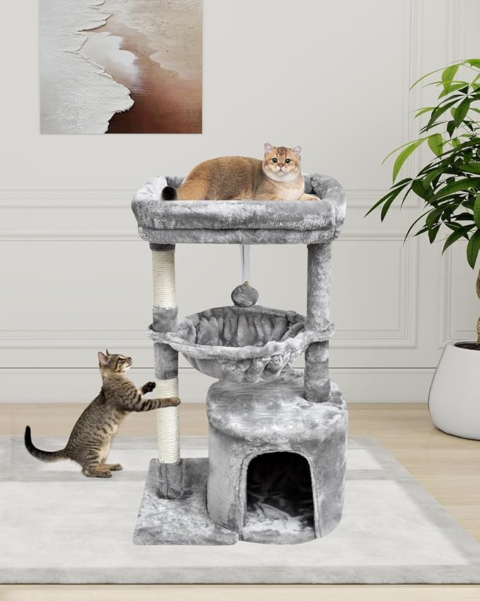 SYANDLVY Small Cat Tree for Indoor Cats, Activity Cat Tower with Scratching Post for Kittens, Modern Cat Furniture with Basket & Hanging Ball for Play Rest, Grey | Activity Cat Tower with Scratching Post, Basket & Hanging Ball for Play Rest, Grey
