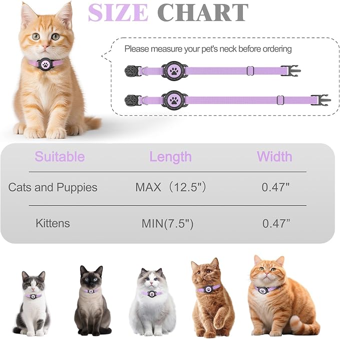 Airtag Cat Collar, Stretchy Kitten Collar with Apple Air Tag Holder, Purple