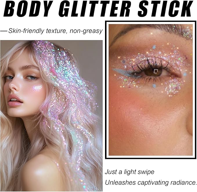 Sparkling Rainbow Body Glitter Stick, Holographic Hair Glitter, Waterproof Face Hair and Body Glitter Makeup, Shimmer Face Glitter Makeup for Kids and Women