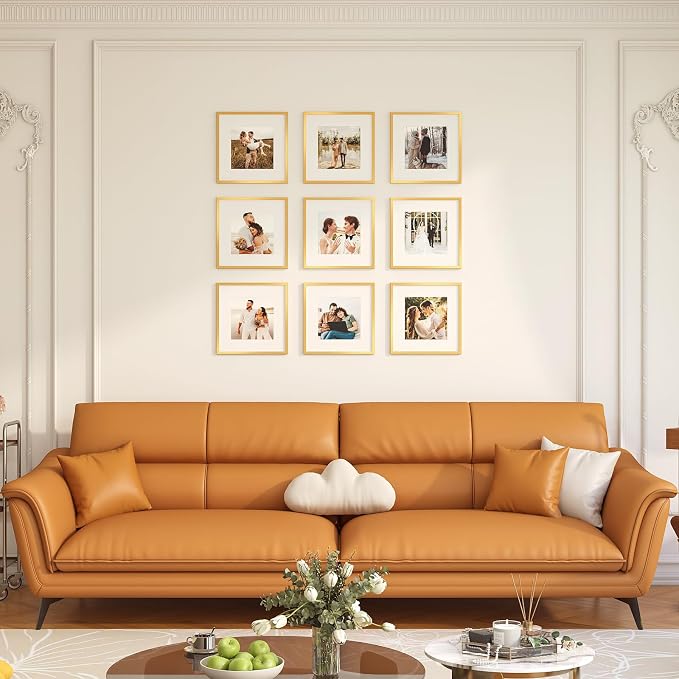 10x10 Picture Frame Set of 9, Display Pictures 8x8 with Mat or 10x10 without Mat, Multi Collage Gallery Square Photo Frames for Wall or Tabletop, Gold