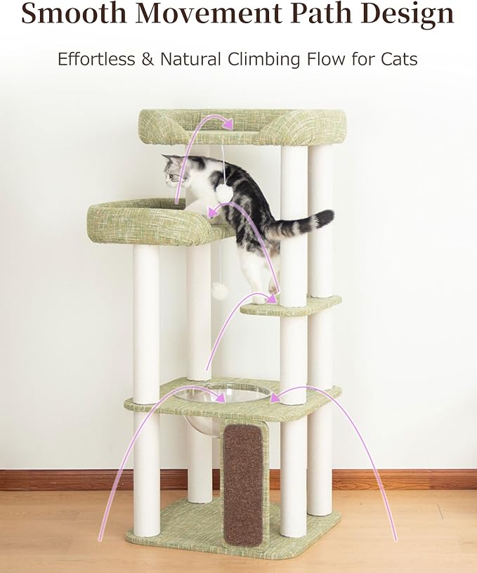 53'' Cat Tree for Large Cat, Modern Senior Friendly Cat Tower with Wide Shelves Low Step, Cotton Scratching Posts, Super Sturdy Base, Cozy Perches, and Interactive Toys (Green)
