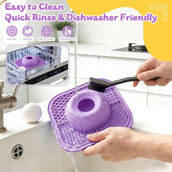 Slow Feeder Dog Bowls & Lick Mat for Liquid and Thick Treat, Anti-Slip Dog Lick Bowl with Interactive Rolling Ball, 5/6 Cup Pup Licking Toy for Large Medium Small Dogs and Cats-Large Purple