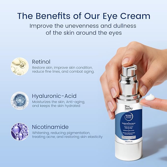3-in-1 Retinol Eye Cream with Hyaluronic Acid & Niacinamide, Anti Aging Under Eye Treatment for Dark Circles Puffiness Fine Lines Wrinkles, Lightweight Hydrating Brightening Eye Care for Men Women