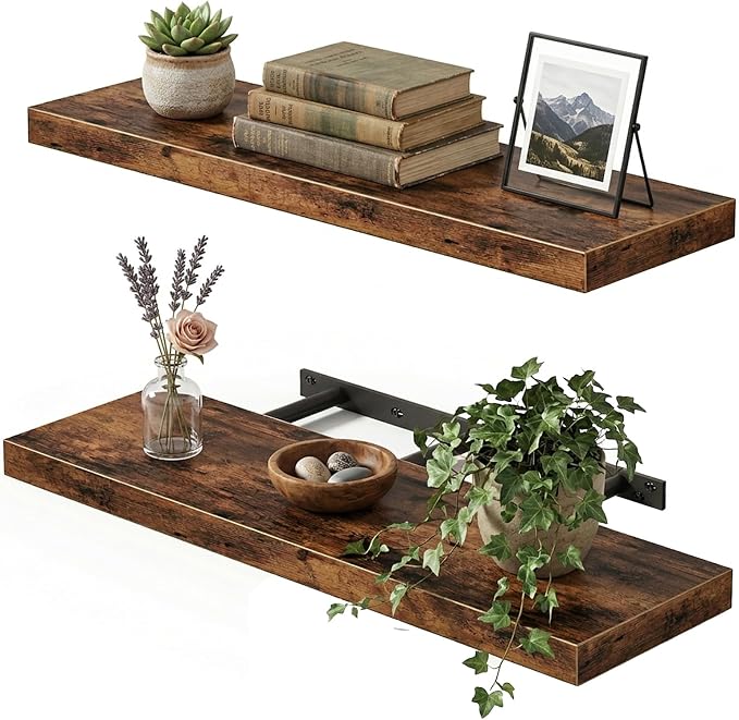 Fixwal Floating Wall Shelves for Decor (Rustic Brown, Set of 2, 22Inch) | MDF Shelf with Metal Brackets, Space Saving for Books , Decor, Fits Bathroom, Kitchen, Bedroom, or Office