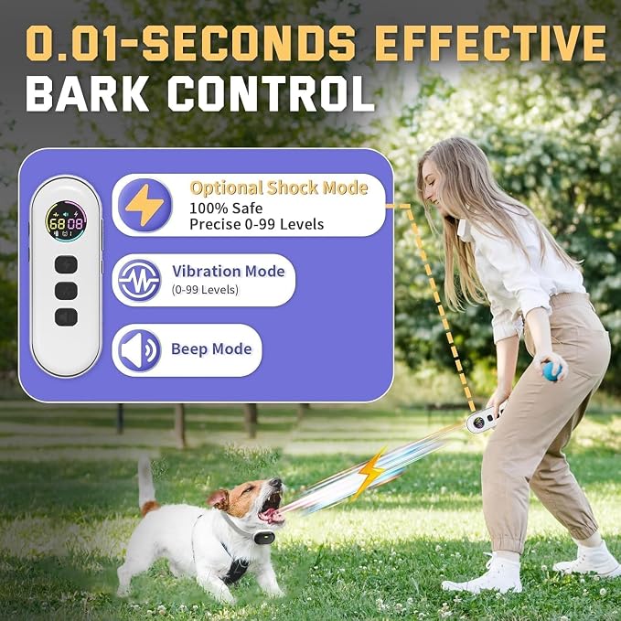 Ultra-Small Anti Bark Collar, Ultra-Light & Thin Dog Training Collar with 1300ft Remote for Small Dogs 5-15lbs, 198-Level Precise Control, Rechargeable, White (Not Auto Collar)