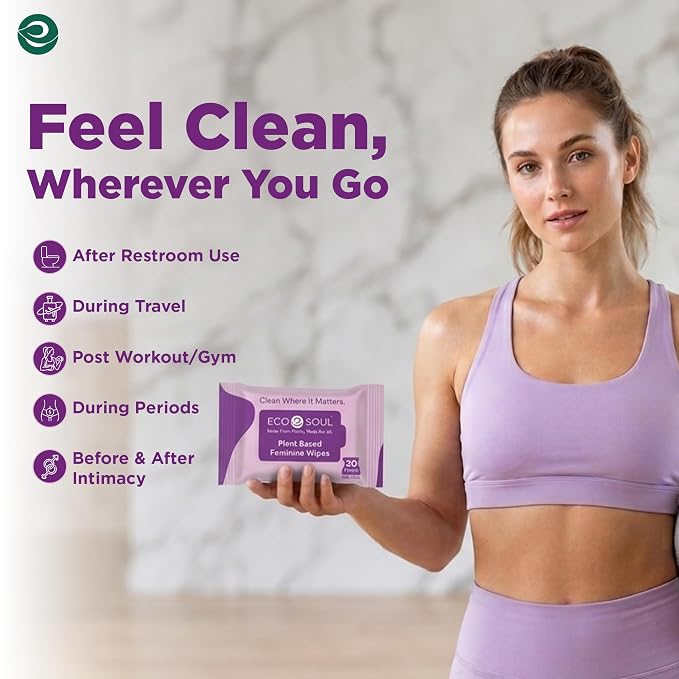 ECO SOUL Plant-Based Feminine Hygiene Wipes (30 Count, Pack of 2) Dermatologist Tested pH Balanced Intimate Cleansing Wipes FSC-Certified Alcohol-Free, Paraben-Free, Fragrance-Free & Hypoallergenic