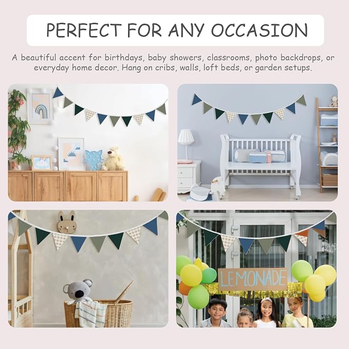 Boys Toddler Room Playroom Nursery Decor, Garland Triangle Banners Blue Grey,11Ft Vintage Warm Neutral Plaid Design Pennant Banner Bunting Flags Fabric for Baby Shower Birthday Party Wall Art