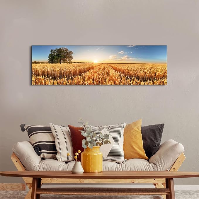 Sunset Nature Forest Wall Art Wheat Field Landscape Pictures Wall Decor for Living Room Kitchen Sunrise Country Meadow Scenic Painting Farmhouse Poster Panoramic Artwork Home Bedroom Decoration 14x48”