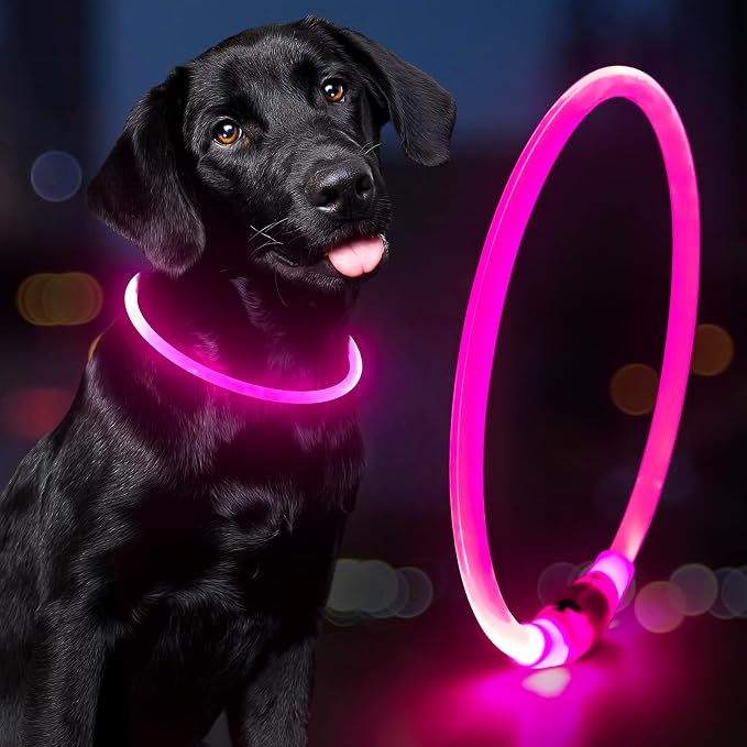 Light Up Dog Collar - Waterproof LED Pet Collar Rechargeable, TPU Cuttable Glow in the Dark Dog Lights for Night Walking (Pink)
