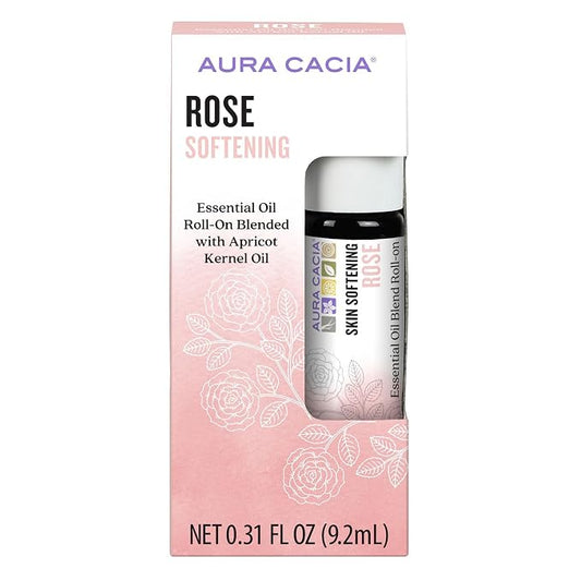 Aura Cacia Rose Roll-On Essential Oil Blend, Pure Rosa Damascena in Apricot Carrier Oil and Vitamin E, Natural Perfume, On-the-Go Aromatherapy | 0.31 Fl Oz (Pack of 1)