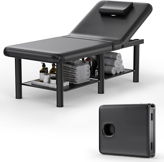 Olela Wide Foldable Massage Table - Professional Massage Table with Adjuatable Backrest & Large Storage Space, Treatment Tables with Metal Frame and Pu Leather for Spa, Beauty, Rehabilitation