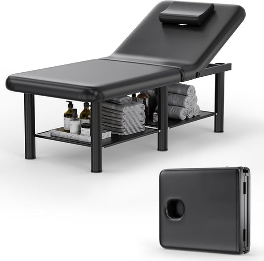 Olela Wide Foldable Massage Table - Professional Massage Table with Adjuatable Backrest & Large Storage Space, Treatment Tables with Metal Frame and Pu Leather for Spa, Beauty, Rehabilitation