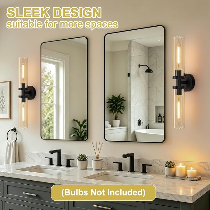 Indoi Wall Sconces Set of Two, Hardwired Matte Black Bathroom Sconces Wall Lights with Amber Glass, Modern Sconces Wall Decor Set of 2 Vanity Light fixtures for Bathroom Mirror Bedroom