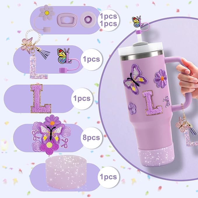 15PCS Cup Accessories Set for Stanley Cup 30oz 40oz Tumbler with Handle, Including Silicone Straw Cover and Boot, Spill Proof Stopper, Stanley Charms, Handle Charm, Initials Sticker