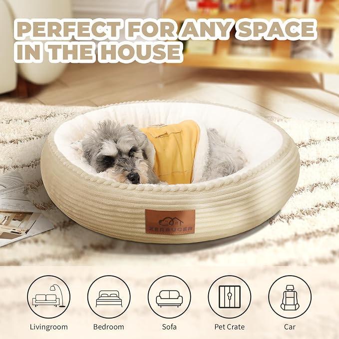 Zerbuger 23in Camel Round Dog Bed Sofa for Dogs Cats, Machine Washable | for Small/Medium/Large Dogs Cats, Foam Pet Couch with Removable Mat Non-Slip Bottom, Pet Cuddler for Indoor/Outdoor/Car/Cage