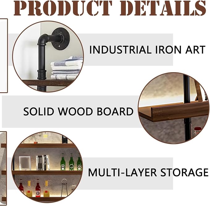 62.9in Wall Mounted Wine Rack with LED Light Solid Wood | 3-Tiers Liquor Bottles Floating Shelves Display Storage Organizer for Home Bar & Dining Room