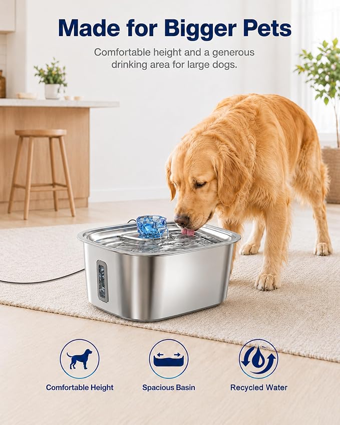 PETNF 2.1-Gallon Stainless Steel Dog Water Fountain for Large Dogs, Dog Water Bowl Dispenser with 4 Filters, Visible Water Window, Quiet Pump & LED Low-Water Indicator
