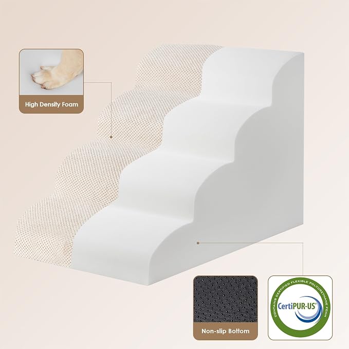 EHEYCIGA Curved Dog Stairs Ramp, 4-Step High Beds, 19.7" H Pet Step | 33D density of pure foam, for Small Dogs and Cats, Pet Stairs for High Bed Climbing, Non-Slip Balanced Indoor, Beige