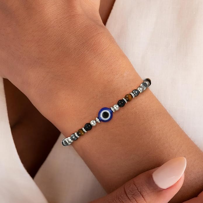 Natural Healing Crystal Bracelet for Women, Triple Protection Anxiety Relief New Beginnings Good Luck Empath Protection Jewelry Gift for Friends Daughter Mom 6.5+1.8 Inches
