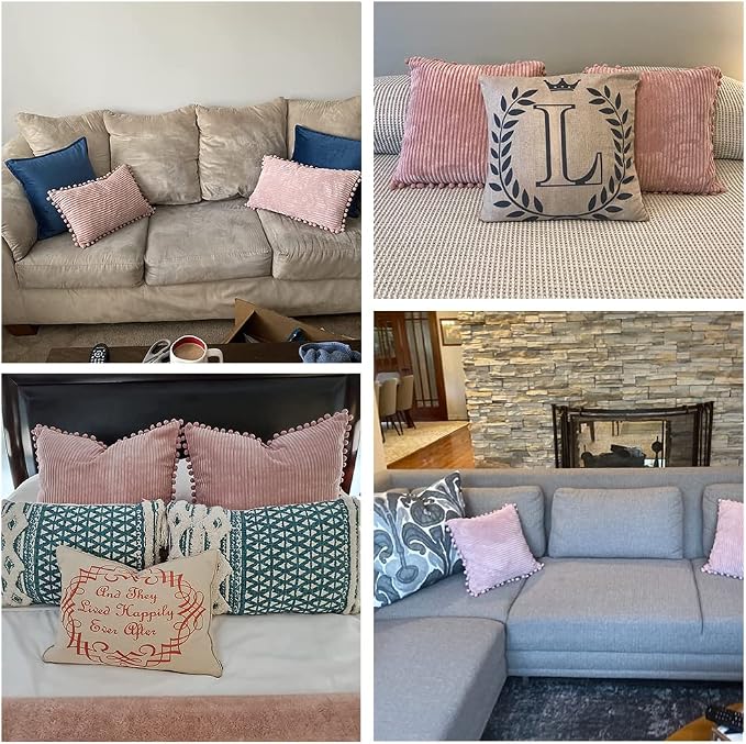 Fancy Homi Pack of 2 Boho Rectangle Decorative Throw Pillow Covers with Pom-poms, Soft Corduroy Accent Solid Cushion Case Set for Couch Sofa Bedroom Car Living Room (12x20 Inch/30x50 cm, Blush Pink)