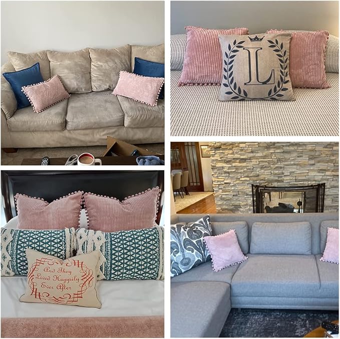 Fancy Homi Pack of 2 Blush Pink Decorative Throw Pillow Covers with Pom-poms, Soft Corduroy Solid Square Cushion Cases Set for Couch Sofa Bedroom Car Living Room (16x16 Inch/40x40 cm, Blush Pink)