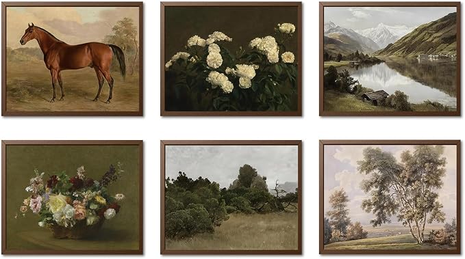 Mynotix Vintage Poster Set of 6, Rustic Eclectic Wall Art, Horse Floral Wall Decor Botanical Mountain Range Canvas Paintings Prints Artwork for Living Room Bedroom Farmhouse 8x10 inch Unframed