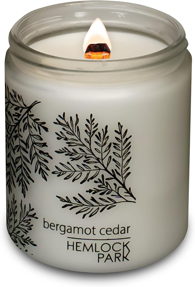 Hemlock Park Bergamot Cedar Frosted Scented Candle | Crackling Wood Wick, Botanical Fragrance & Coconut Apricot Wax | Up to 60 Hour Burn Time | 8 oz | Made in USA