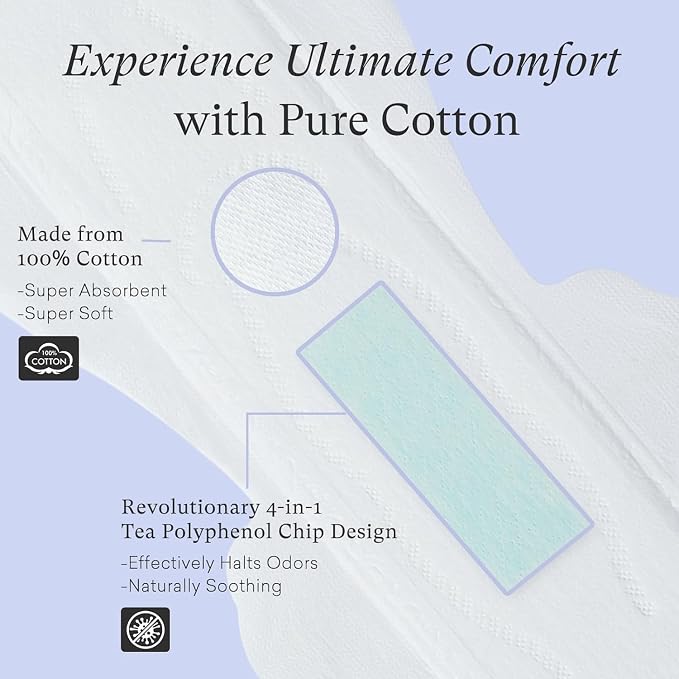PurComfy Teens Maxi Period Pads with Wings for Tweens, Organic Cotton Sanitary Pads for Teens Girls 9-14, Long Overnight Size, 90 CT (Pack of 2)