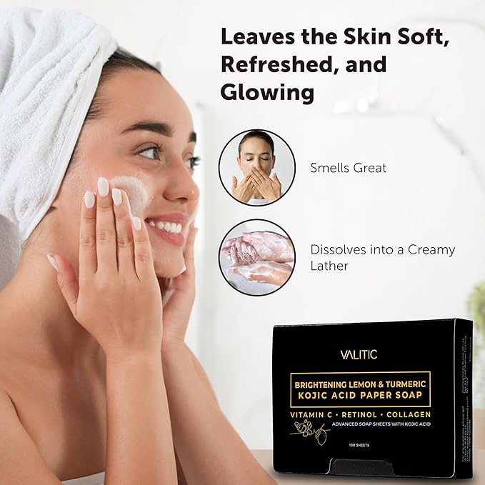 VALITIC Brightening Lemon Turmeric Kojic Acid Paper Soap - Vitamin C, Retinol, Collagen - Original Japanese Complex - Hyaluronic Acid, Vitamin E, Shea Butter, Castile Olive Oil - 2 Pack