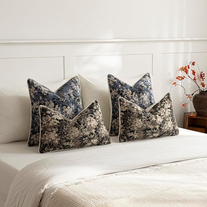 Pack of 2 Vintage Floral Euro Sham Covers 24x24 Boho Farmhouse Accents Chenille Square Decorative Throw Pillow Cases for Living Room Couch Bed Home Decor, Dusty Blue